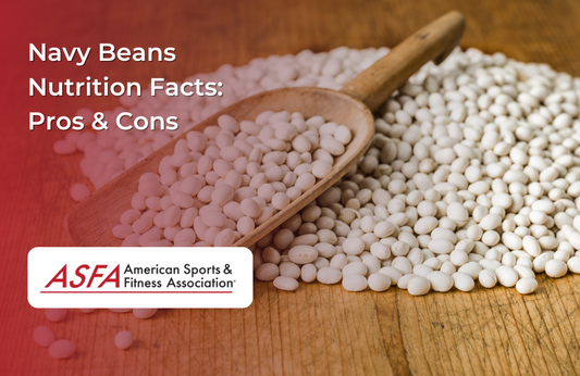 A wooden scoop filled with navy beans resting on a wooden surface, with more beans spilled around.