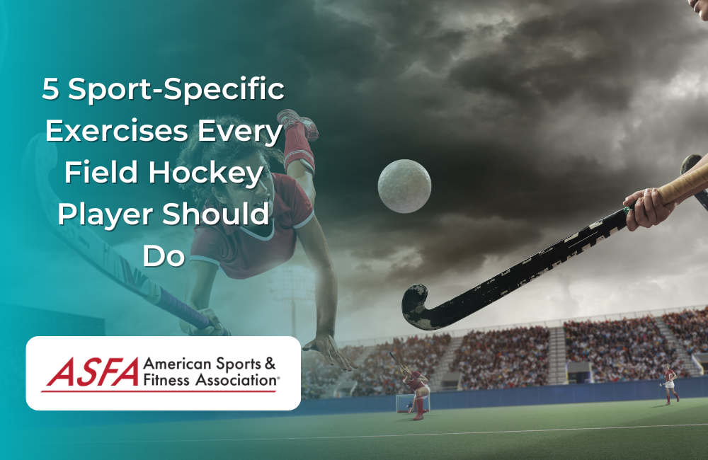 A feild hockey player jumping towards the puck in an outdoor feild with a cloudy sky.