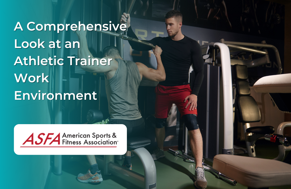 An athletic trainer spotting a person doing a lat pulldown in an indoor gym.