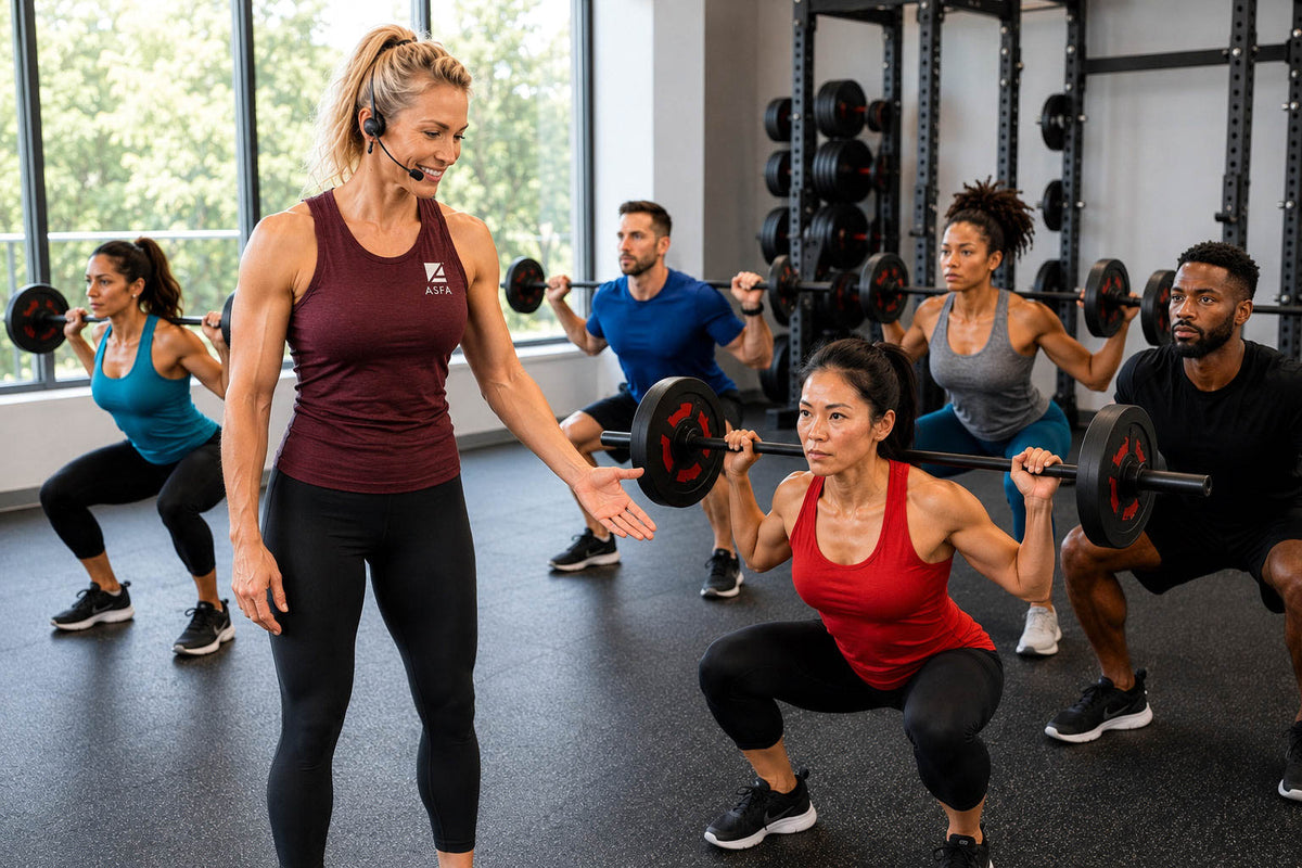 ASFA group fitness instructor in a maroon tank top and black leggings guides a group of people performing squats with barbells in a bright gym setting.