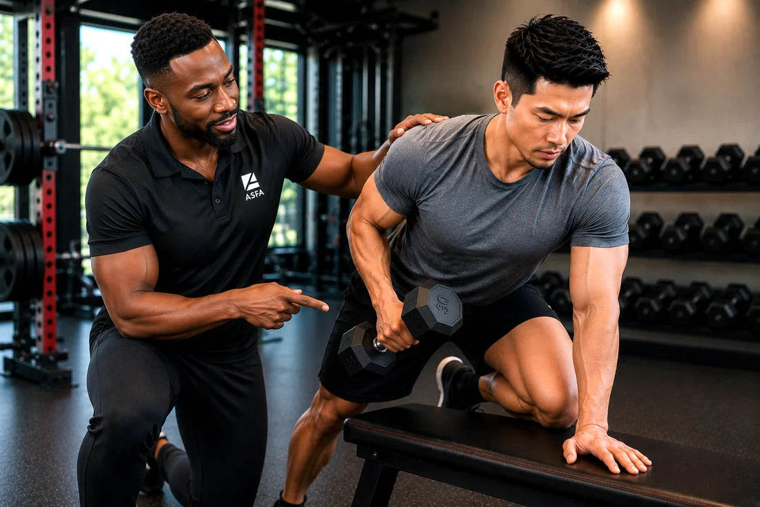 ASFA advanced personal trainer working with a client in a gym.