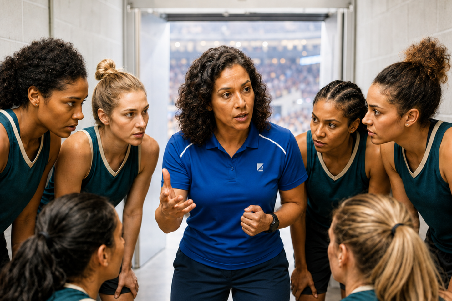 ASFA sport psychology coach motivating a women’s team during a focused pre-game huddle