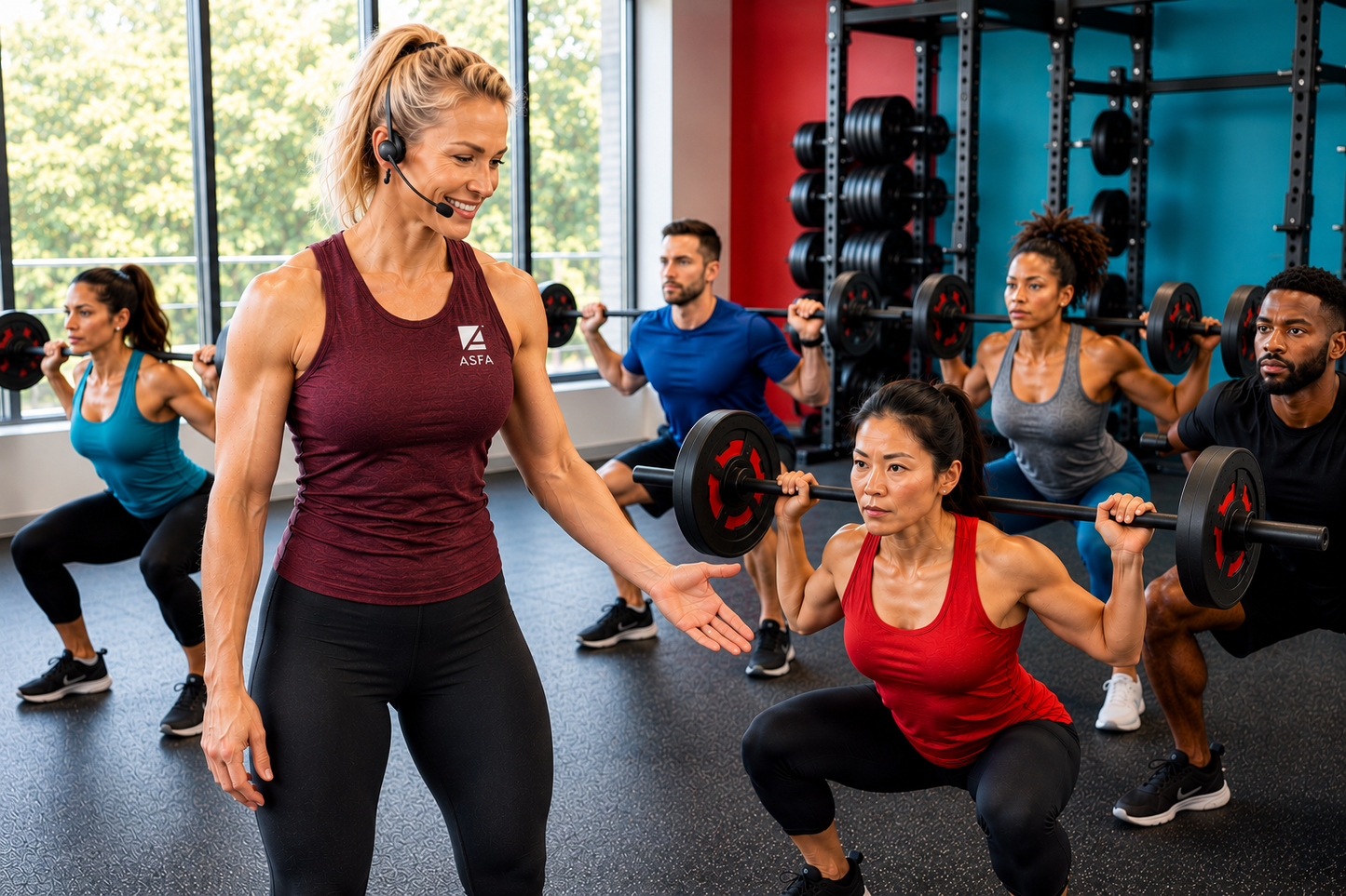 ASFA advanced group fitness instructor leading a group fitness/bootcamp class with a squat demonstration.
