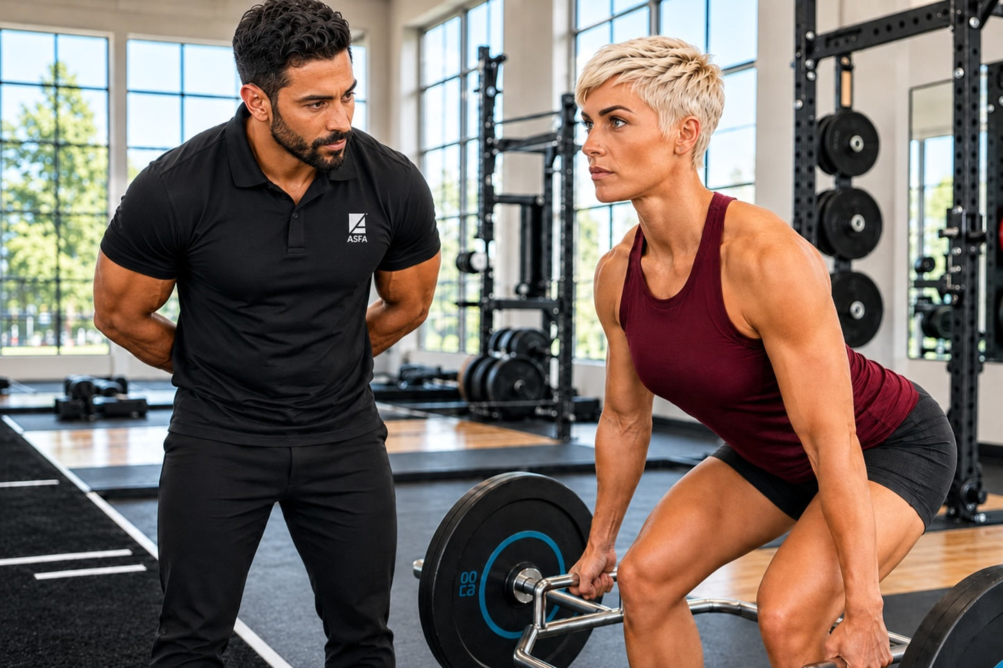 ASFA advanced strength and conditioning coach evaluating an athlete’s trap-bar deadlift form in a performance gym