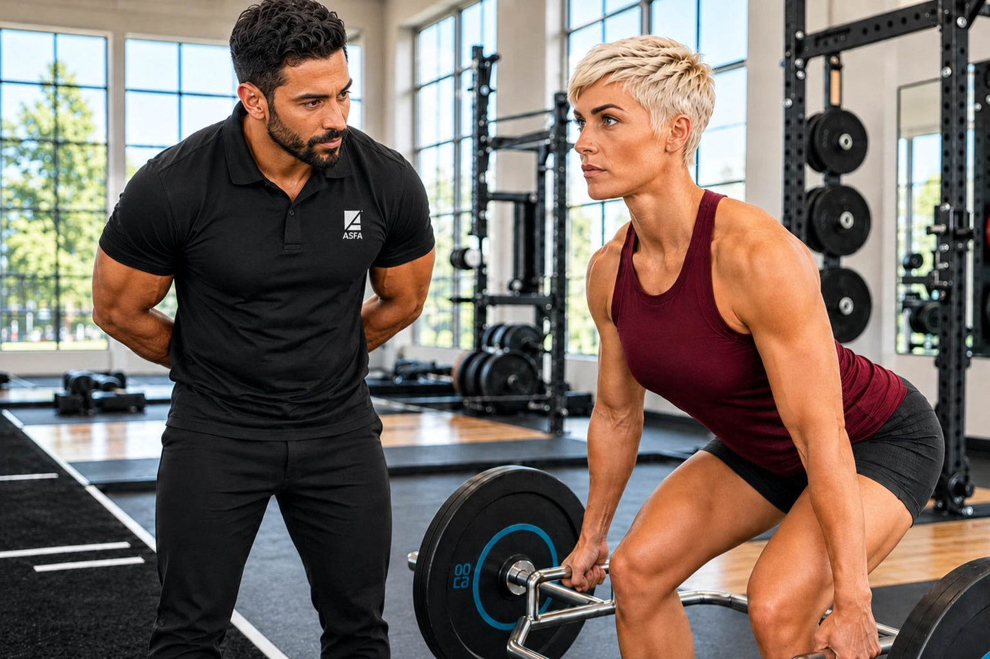 ASFA advanced strength and conditioning coach evaluating an athlete’s trap-bar deadlift form in a performance gym