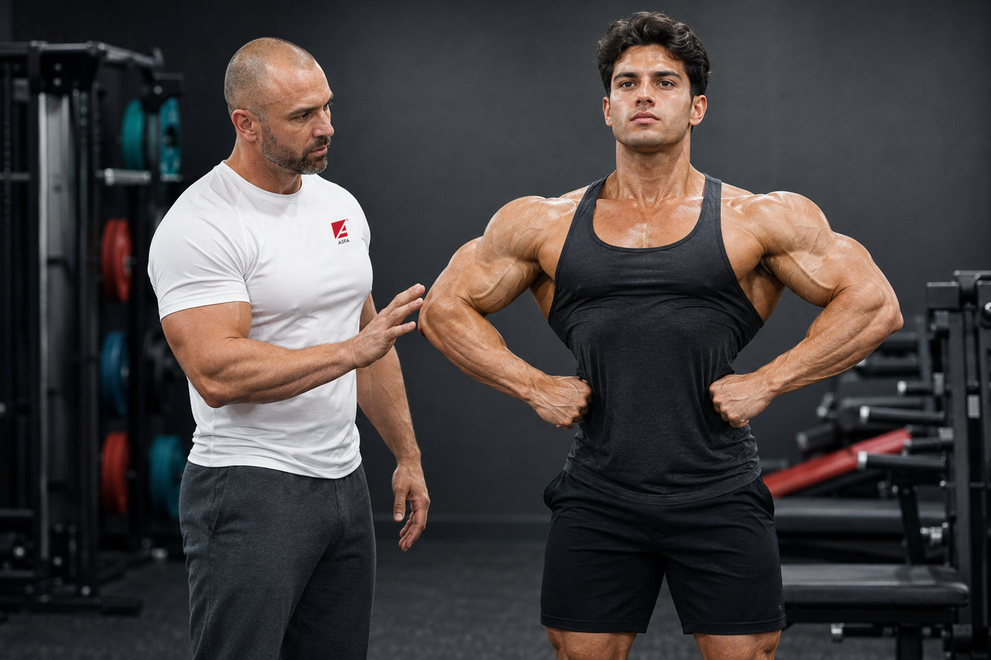 ASFA bodybuilding coach critiques the posing of a young bodybuilder.