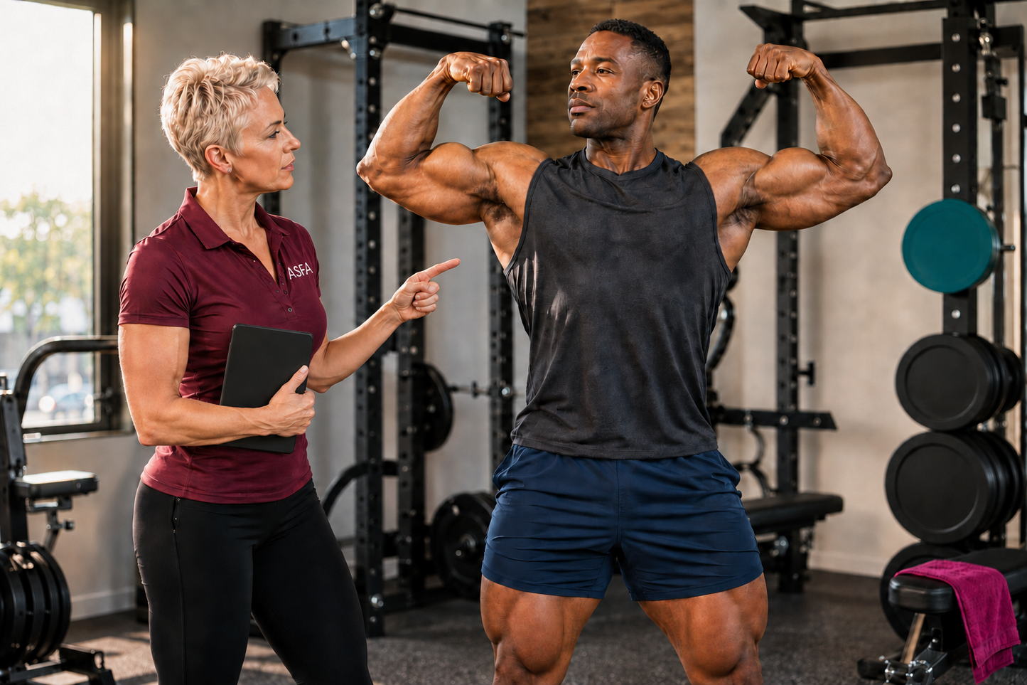 A fitness trainer in an ASFA maroon polo shirt and black leggings points at a muscular man flexing his biceps in a gym. The man is wearing a dark gray sleeveless tank top and navy blue athletic shorts