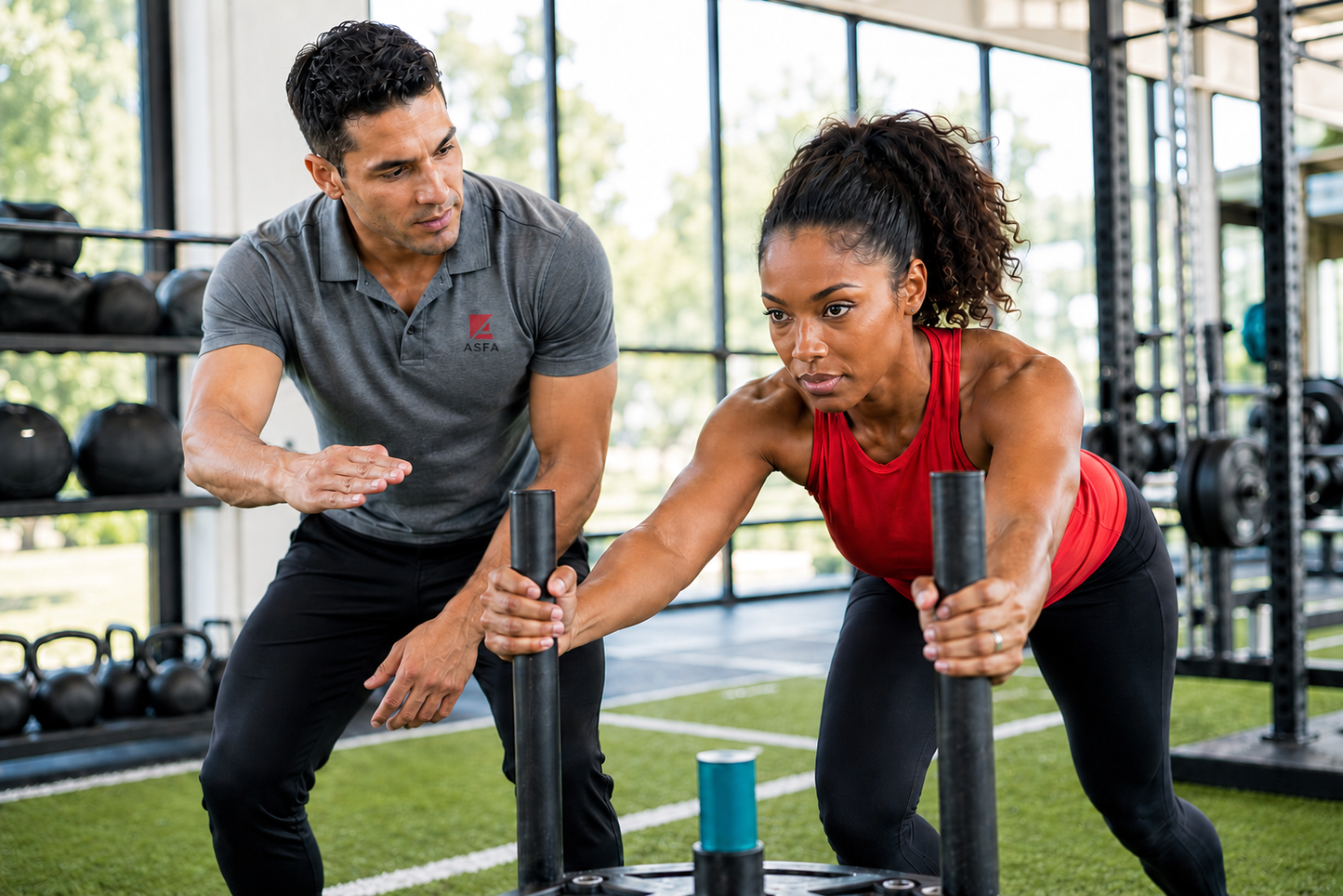 ASFA functional fitness trainer coaching an athletic client through a weighted sled push in a bright gym