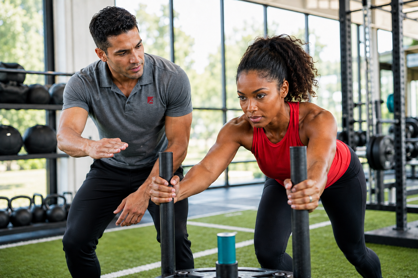 ASFA functional fitness trainer coaching an athletic client through a weighted sled push in a bright gym