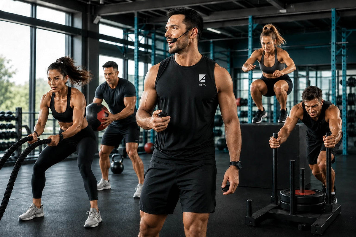 An ASFA HIIT instructor in a black sleeveless ASFA top and black shorts leads a group of people in a modern gym during a workout session.