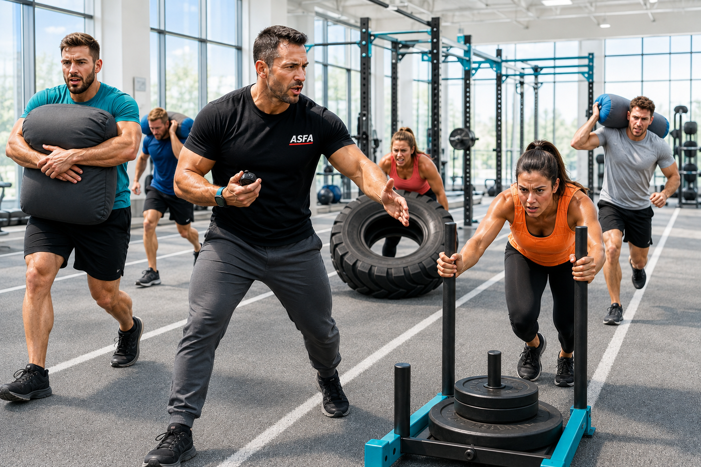 ASFA HIIT instructor teaching a HIIT class in a gym.