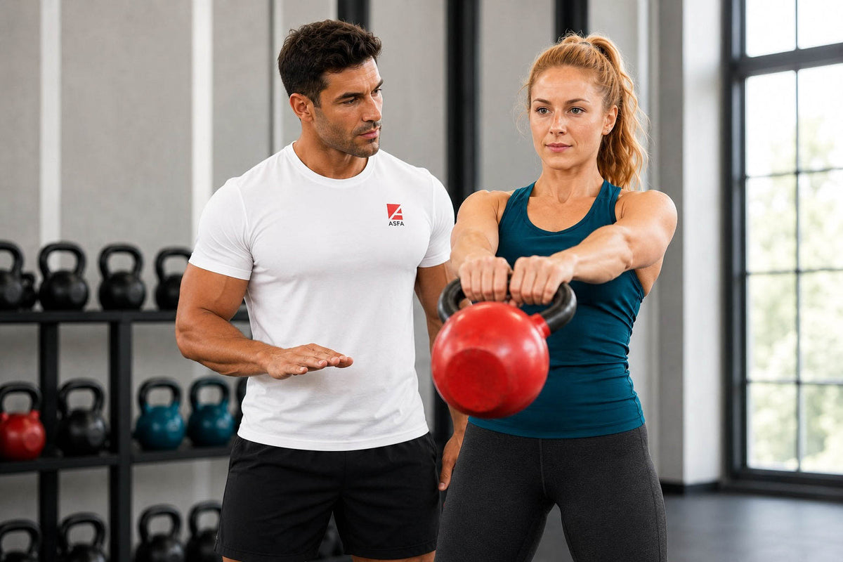 ASFA kettlebell trainer working with a female client, with a red kettlebell, in a gym.