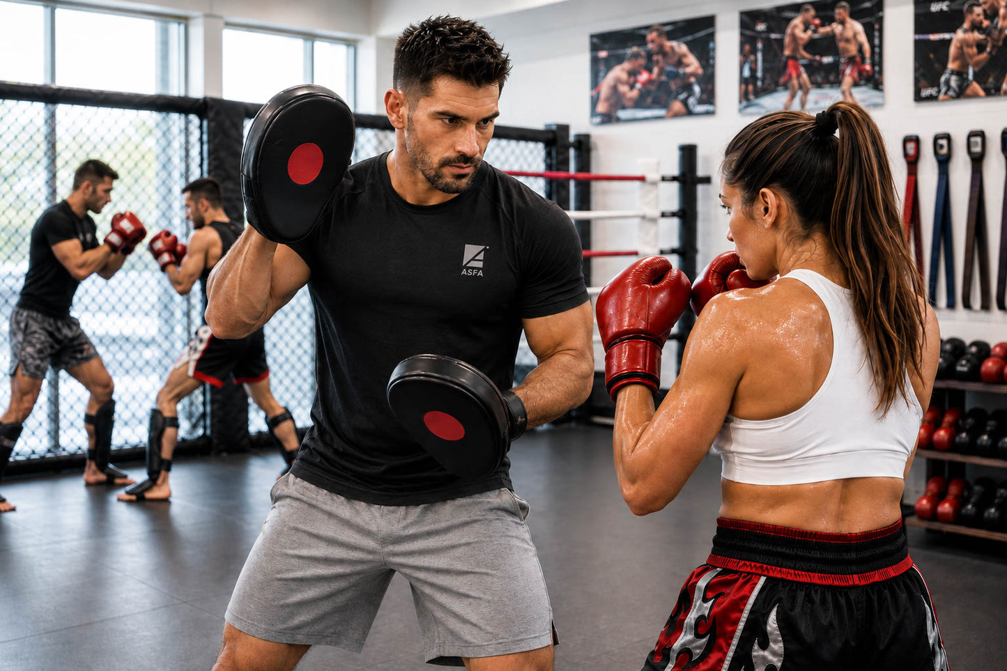 ASFA MMA & Martial Arts Fitness instructor in a black ASFA t-shirt and gray shorts practices kickboxing with a female athlete wearing red boxing gloves in a gym setting.