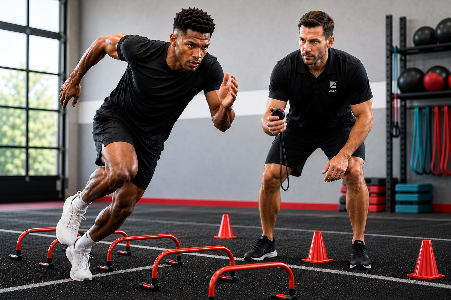 ASFA speed and agility coach training a young athlete in a performance gym.