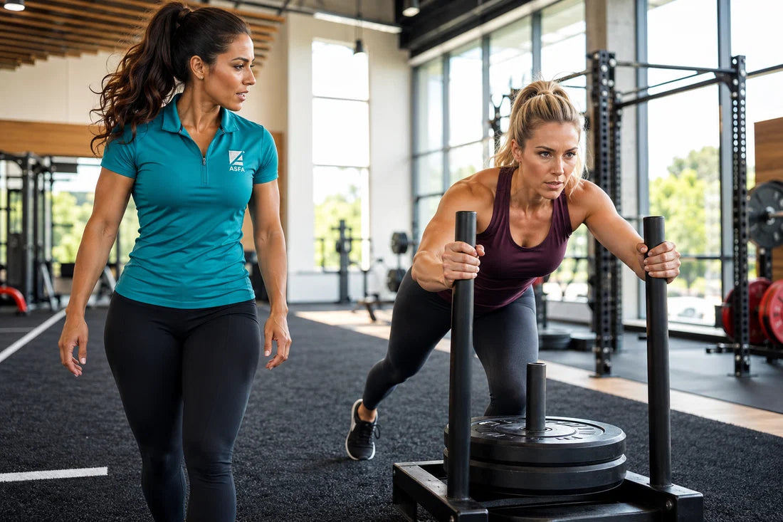 ASFA strength & conditioning coach training a client who is pushing a weight sled.