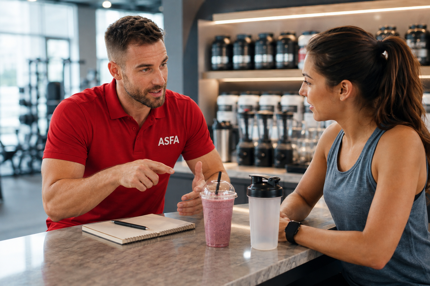 ASFA sports nutrition coach explaining workout fueling to an athlete at a gym smoothie bar