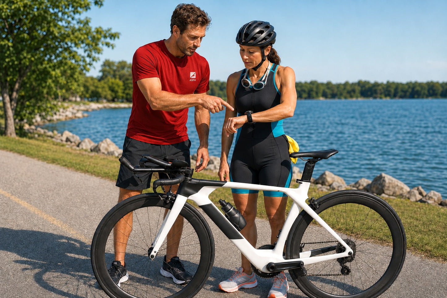 ASFA triathlon coach reviewing an athlete’s sports watch beside a triathlon bike at a lakeside training area