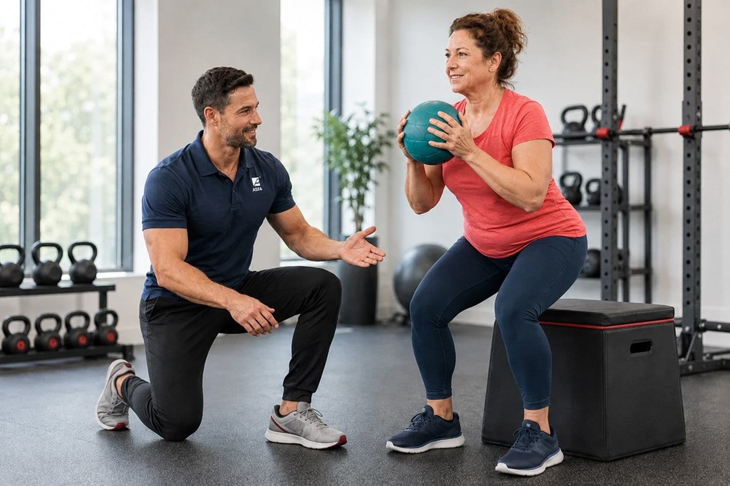 ASFA weight loss coach in a navy polo shirt kneels beside a woman in a coral pink top and dark leggings who is performing a squat while holding a teal medicine ball in a bright gym setting.