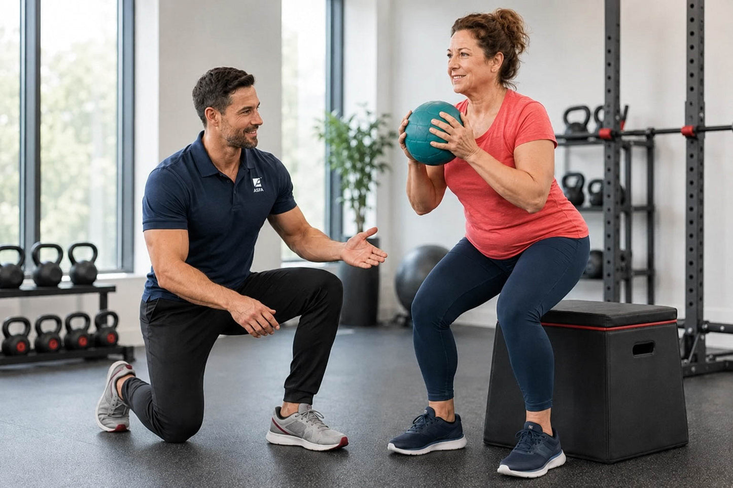 ASFA weight loss coach in a navy polo shirt kneels beside a woman in a coral pink top and dark leggings who is performing a squat while holding a teal medicine ball in a bright gym setting.