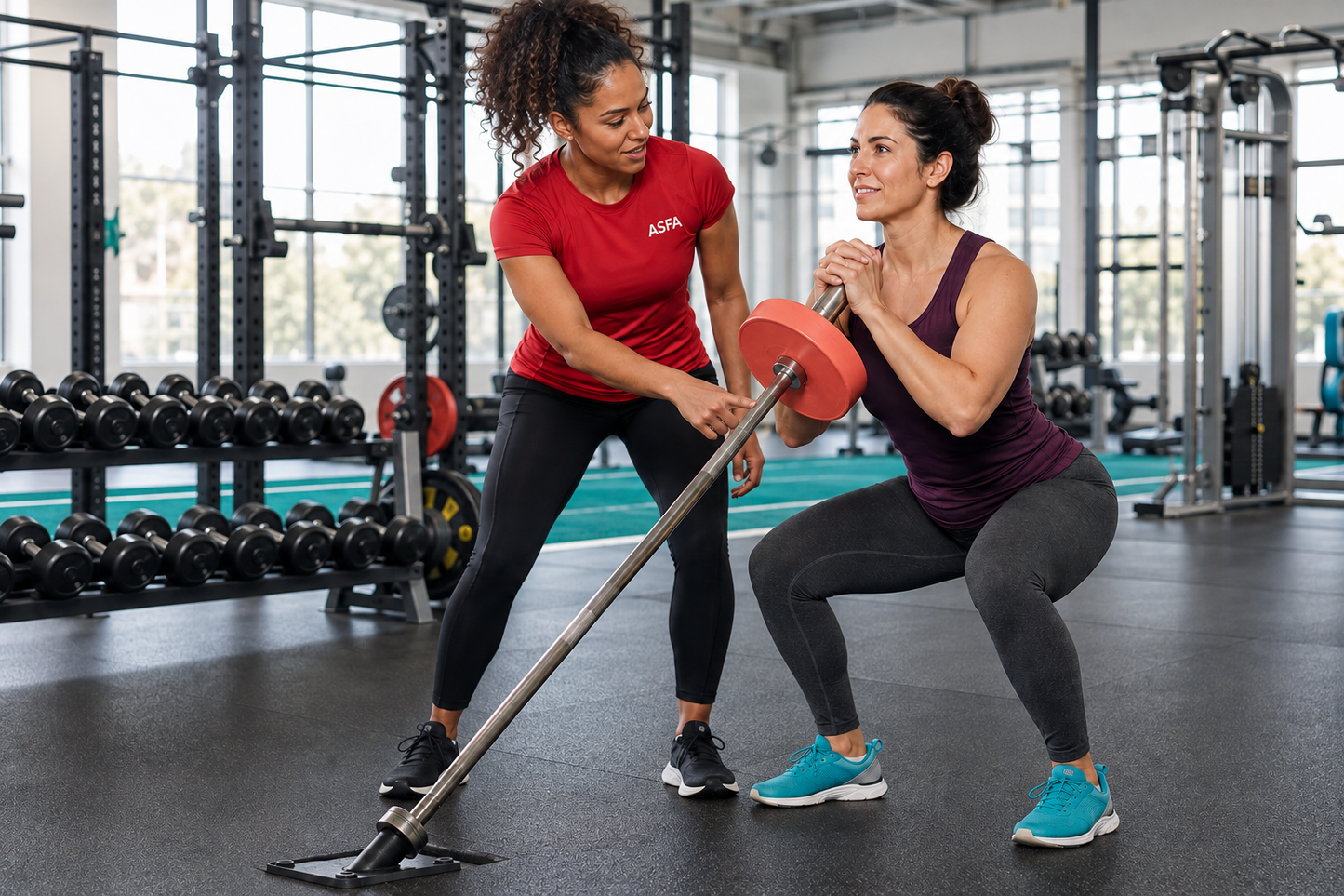 ASFA women’s fitness instructor coaches a client through a landmine squat in a commercial strength gym