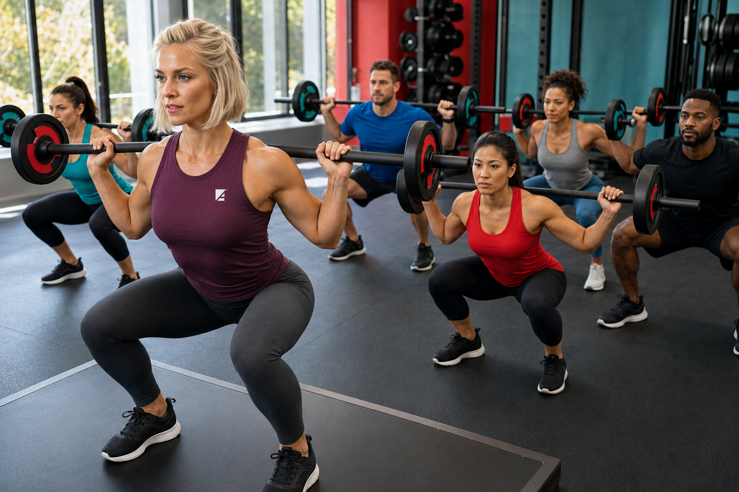 ASFA group fitness instructor leading a group fitness/bootcamp class with a squat demonstration.