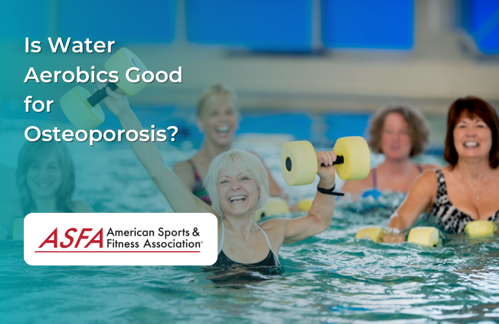 A group of older women participate in a water aerobics class with foam dumbbells in a pool, highlighting low-impact exercise for bone health.
