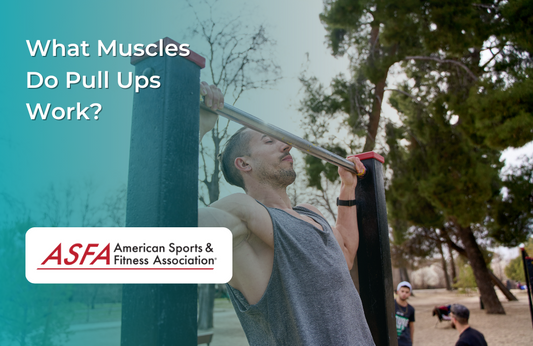 A man performing a pull-up on an outdoor workout bar, with trees and other people exercising in the background.