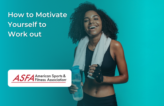 Lady with towel around neck and water bottle in hand standing in front of a blue background. 