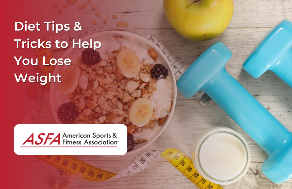 A bowl of granola, fruit, and yogurt next to blue dumbbells and a measuring tape.
