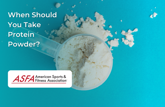 A scoop of white protein powder on a vibrant blue background.