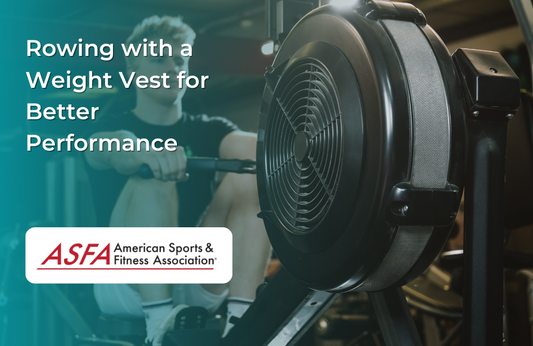 A person rows on an indoor rowing machine wearing a weight vest.