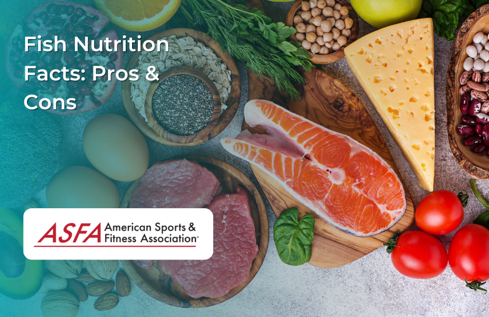 A variety of fresh foods, including fish, eggs, cheese, nuts, and vegetables, displayed on a wooden surface.