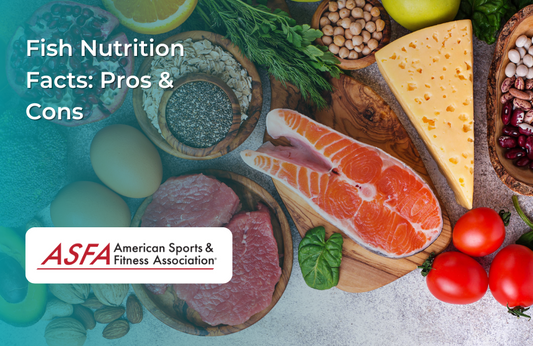 A variety of fresh foods, including fish, eggs, cheese, nuts, and vegetables, displayed on a wooden surface.