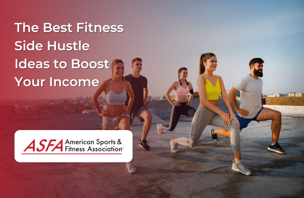 A group of five people in workout clothes exercise together on a rooftop at sunset.
