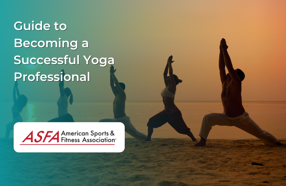A group of individuals performing yoga poses on a beach during sunset, silhouetted against an orange sky.