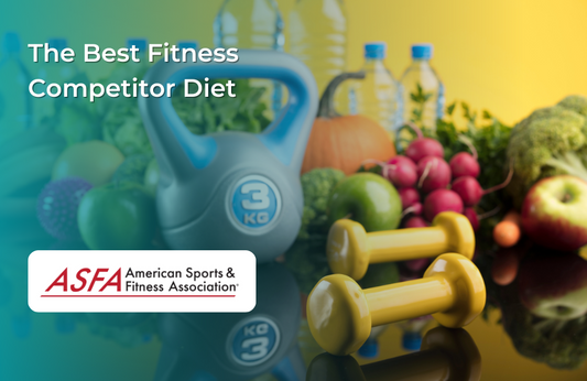 A variety of fruits, vegetables, dumbbells, and a kettlebell are arranged on a reflective surface