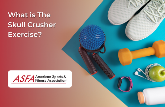 A collection of fitness-related items on a colorful background, including white sneakers, an orange dumbbell, a blue spiky massage ball, black grips, a smartwatch, a green apple, and a water bottle.