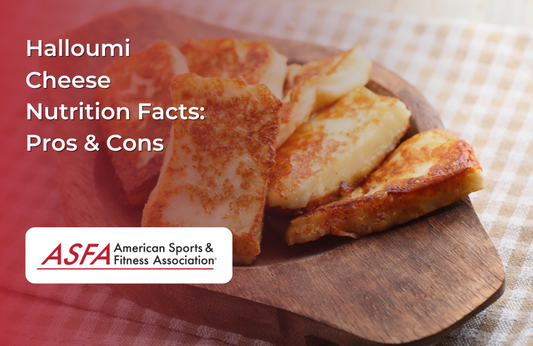 Fried halloumi cheese slices with a golden crust, arranged on a wooden board with a checkered cloth underneath.