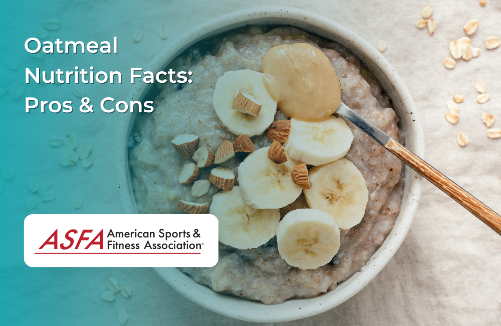 A bowl of oatmeal topped with banana slices, chopped nuts, and a spoonful of peanut butter.