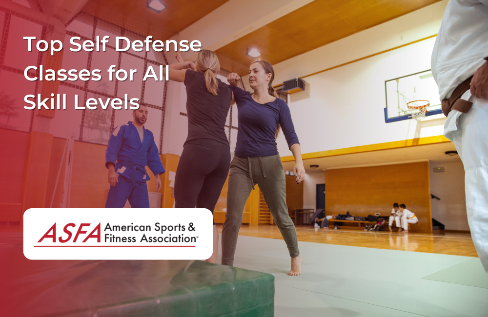 A group of people in a gym practicing self-defense techniques with a padded floor and basketball hoop in the background.
