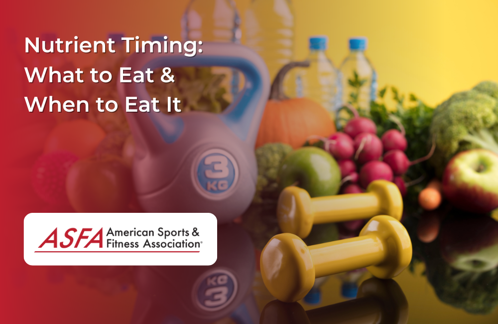 Yellow dumbbells, a blue kettlebell, and fresh fruits and vegetables on a reflective surface.