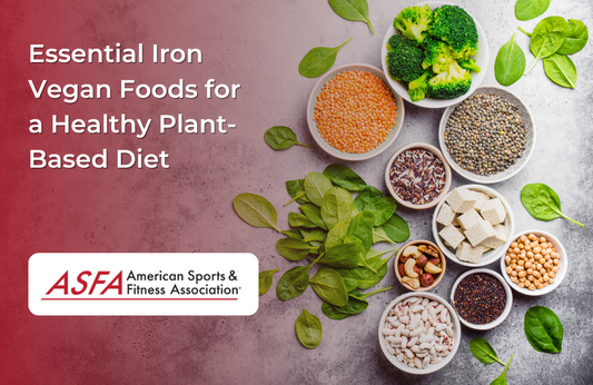 An overhead view of a variety of iron-rich vegan foods such as lentils, tofu, beans, quinoa, and leafy greens displayed in bowls on a textured surface.