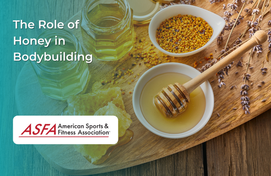 A wooden board with honey jars, honeycomb, a dipper in a bowl of honey, and bowls of bee pollen and lavender.