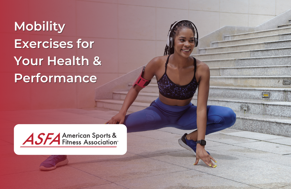 A woman in athletic wear performs a deep side lunge outdoors while wearing headphones.