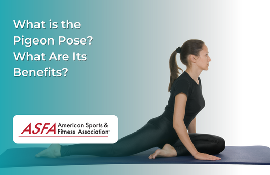 A woman demonstrating the pigeon pose on a yoga mat.