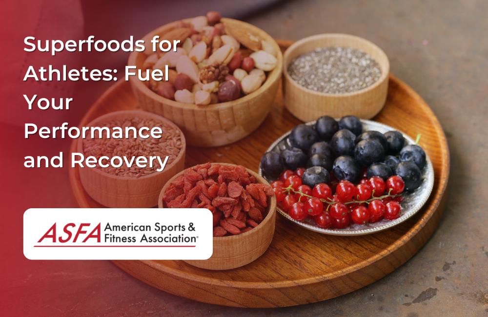 A wooden tray holds bowls of mixed berries, nuts, seeds, and dried fruits.