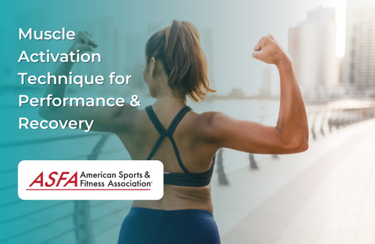 A woman in workout clothes flexes her arms with a cityscape and railing in the background.