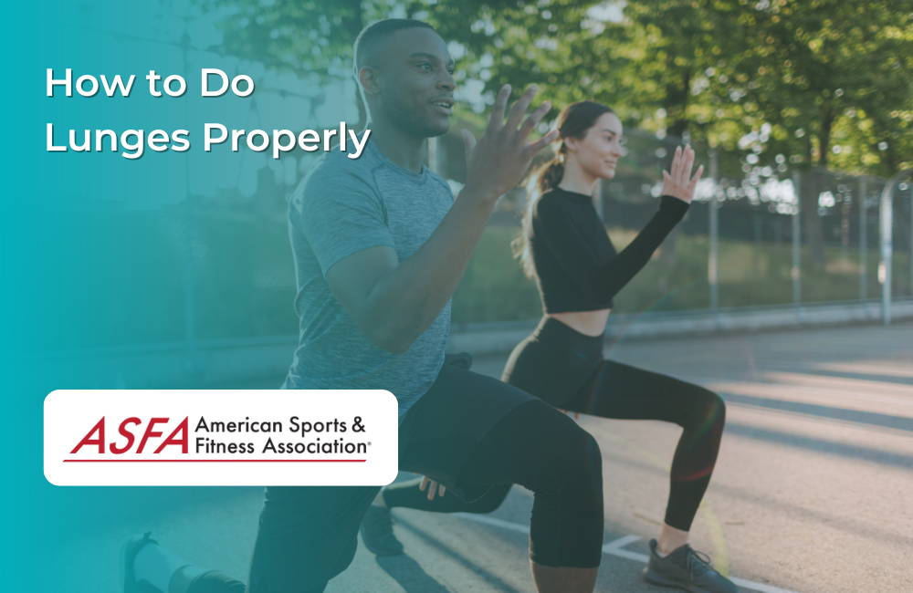 A man and woman doing lunges together on a blacktop outside. 