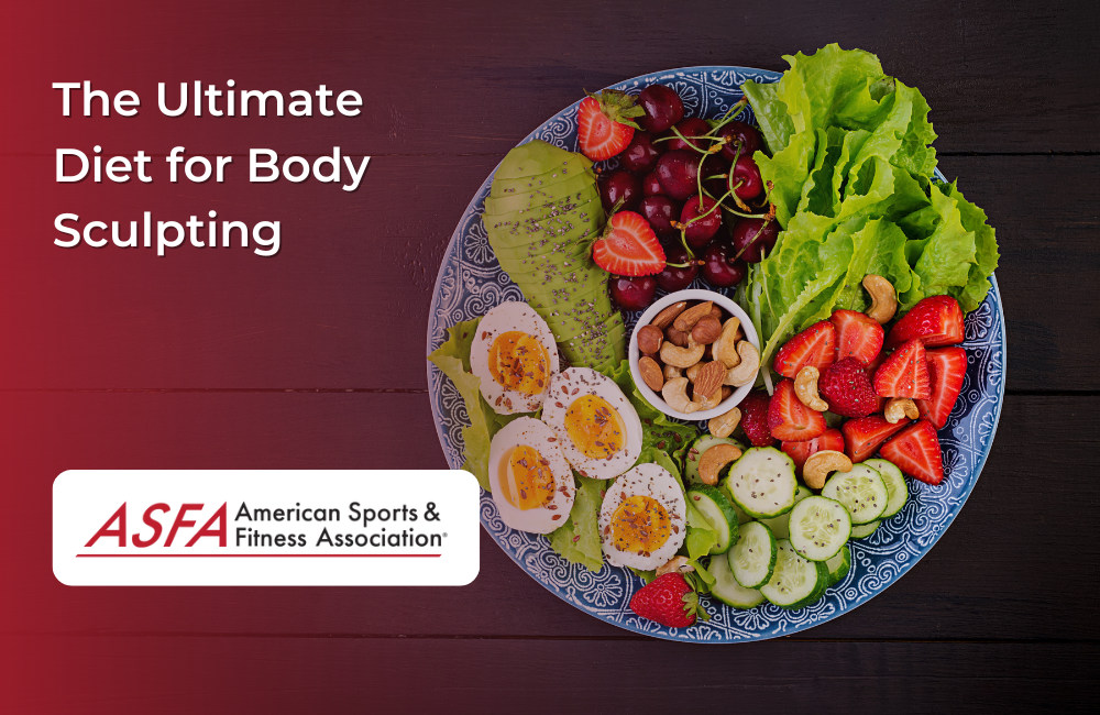 A plate of assorted fruits, vegetables, eggs, and nuts on a dark wooden table.