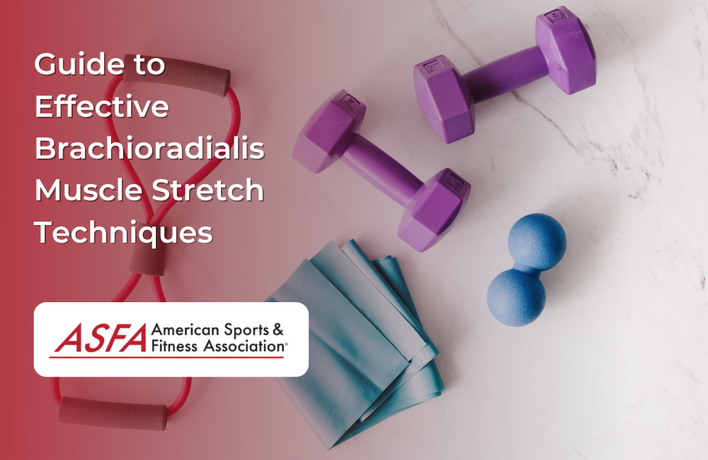 A flat lay of gym equipment including resistance bands, purple dumbbells, massage balls, and stretch bands on a marble surface.